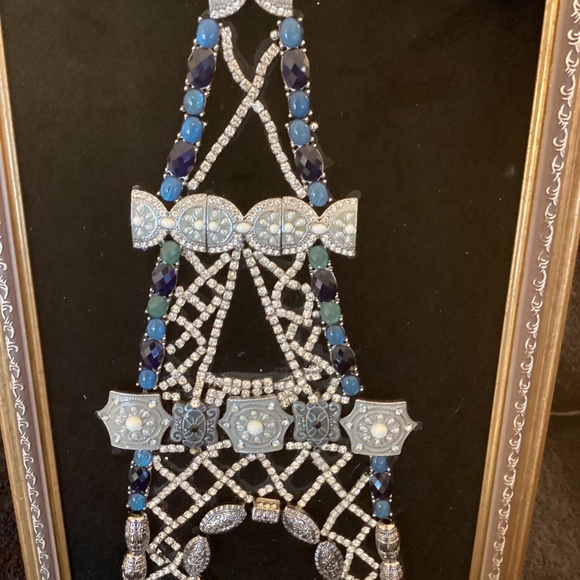 Handcrafted vintage jewelry wall art picture Eiffel Tower framed blue silver - Picture 6 of 11